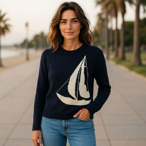 Crazy Horse by Liz Claiborne Sailboat Navy Blue Cotton Ramie Sweater Size Med